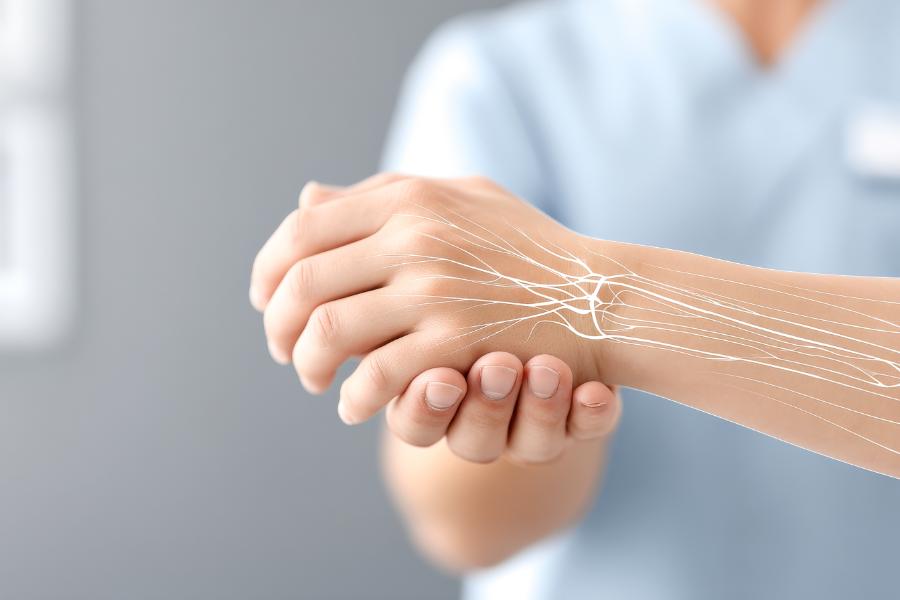 a person holds their wrist with anatomical nerve pathways illustrated on the back of the hand